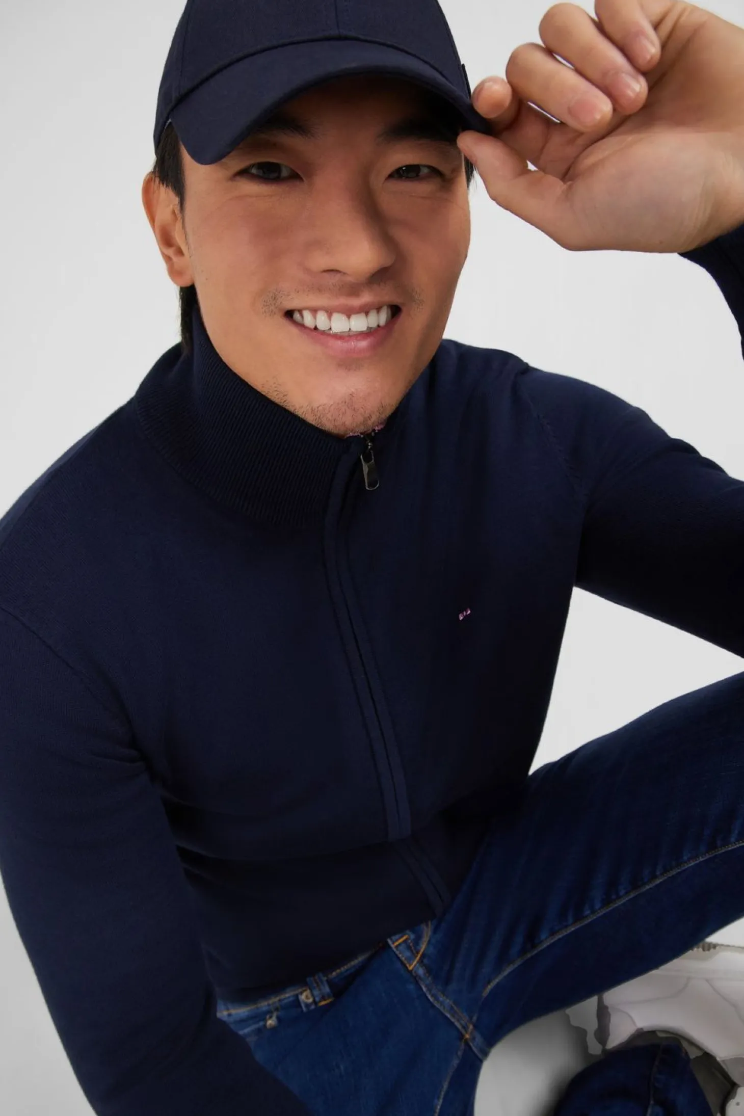 Cardigan Bleu Marine Zippe En Coton