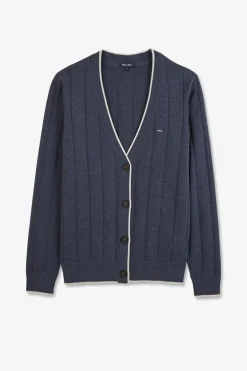 Cardigan Boutonne Bleu En Jeu De Maille