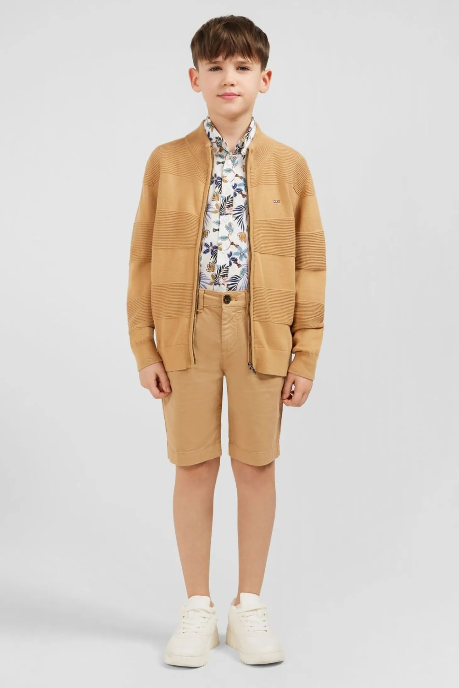 Cardigan Zippe En Coton Beige A Jeux De Maille