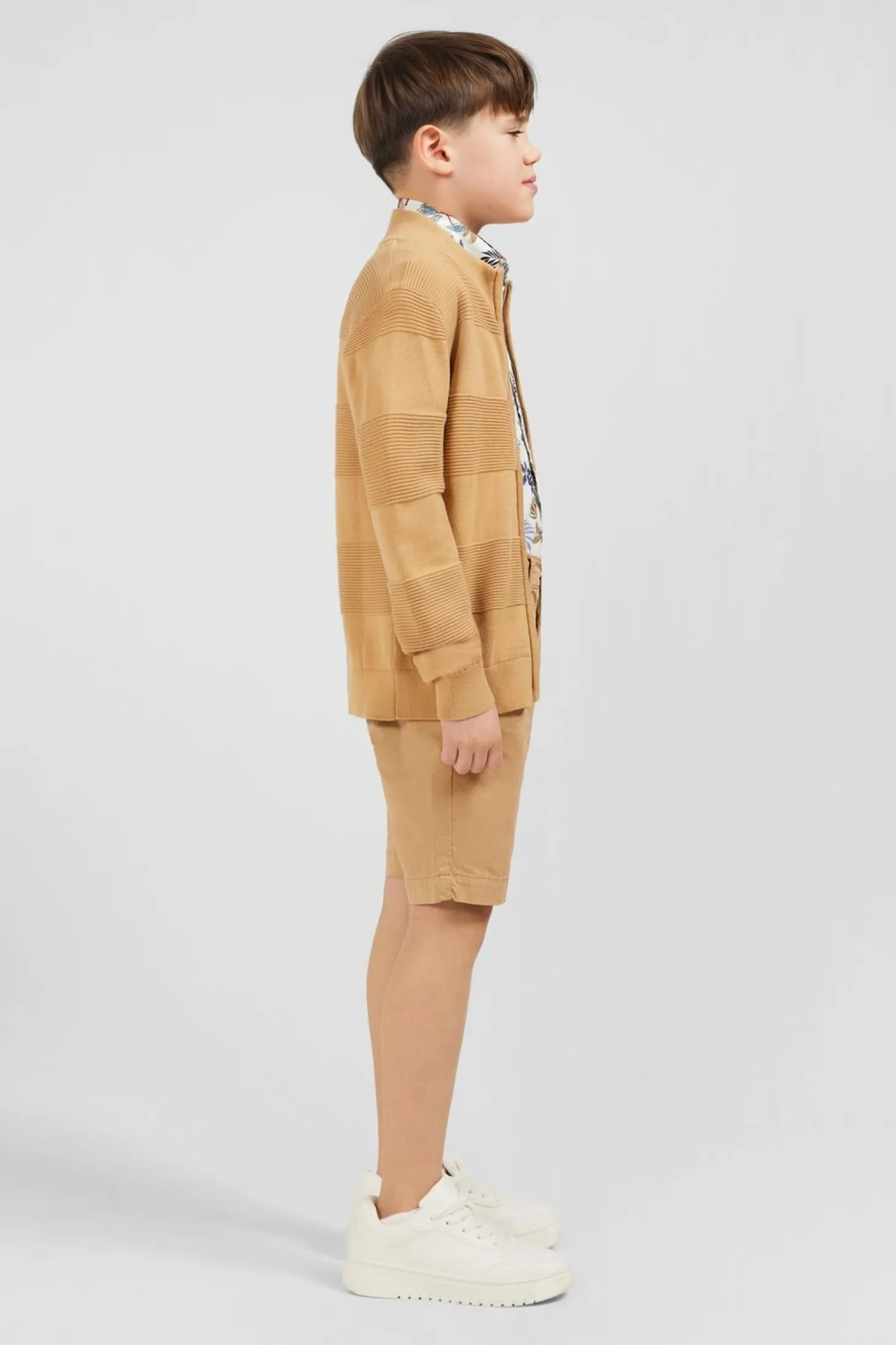 Cardigan Zippe En Coton Beige A Jeux De Maille