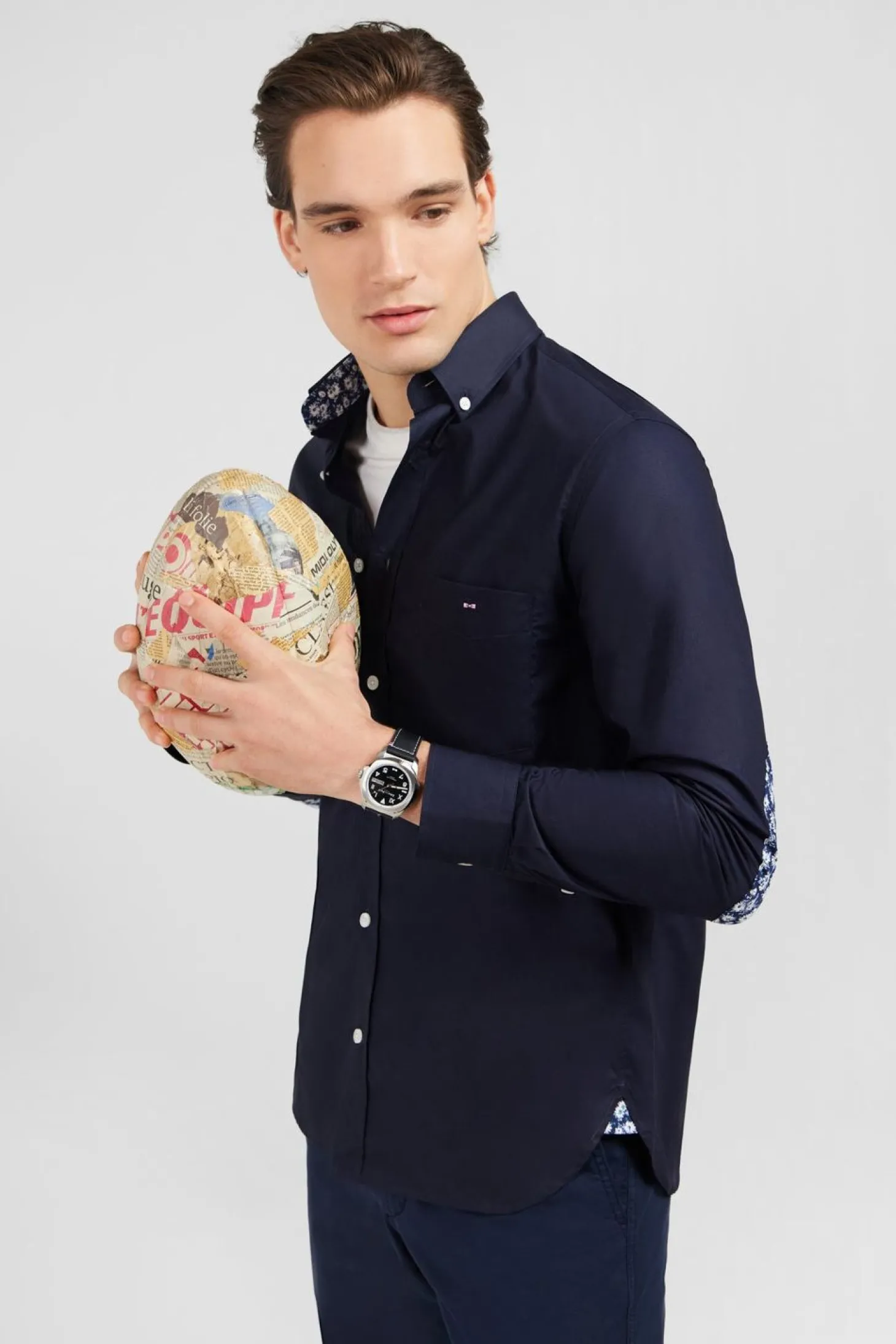 Chemise Bleu Marine A Coudieres Fleuries