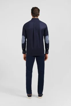 Chemise Bleu Marine A Coudieres Fleuries