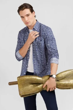 Chemise Bleu Marine A Micro Motif Fleuri