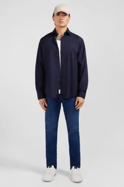 Chemise Bleu Marine Regular En Popeline Stretch