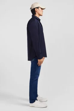 Chemise Bleu Marine Regular En Popeline Stretch