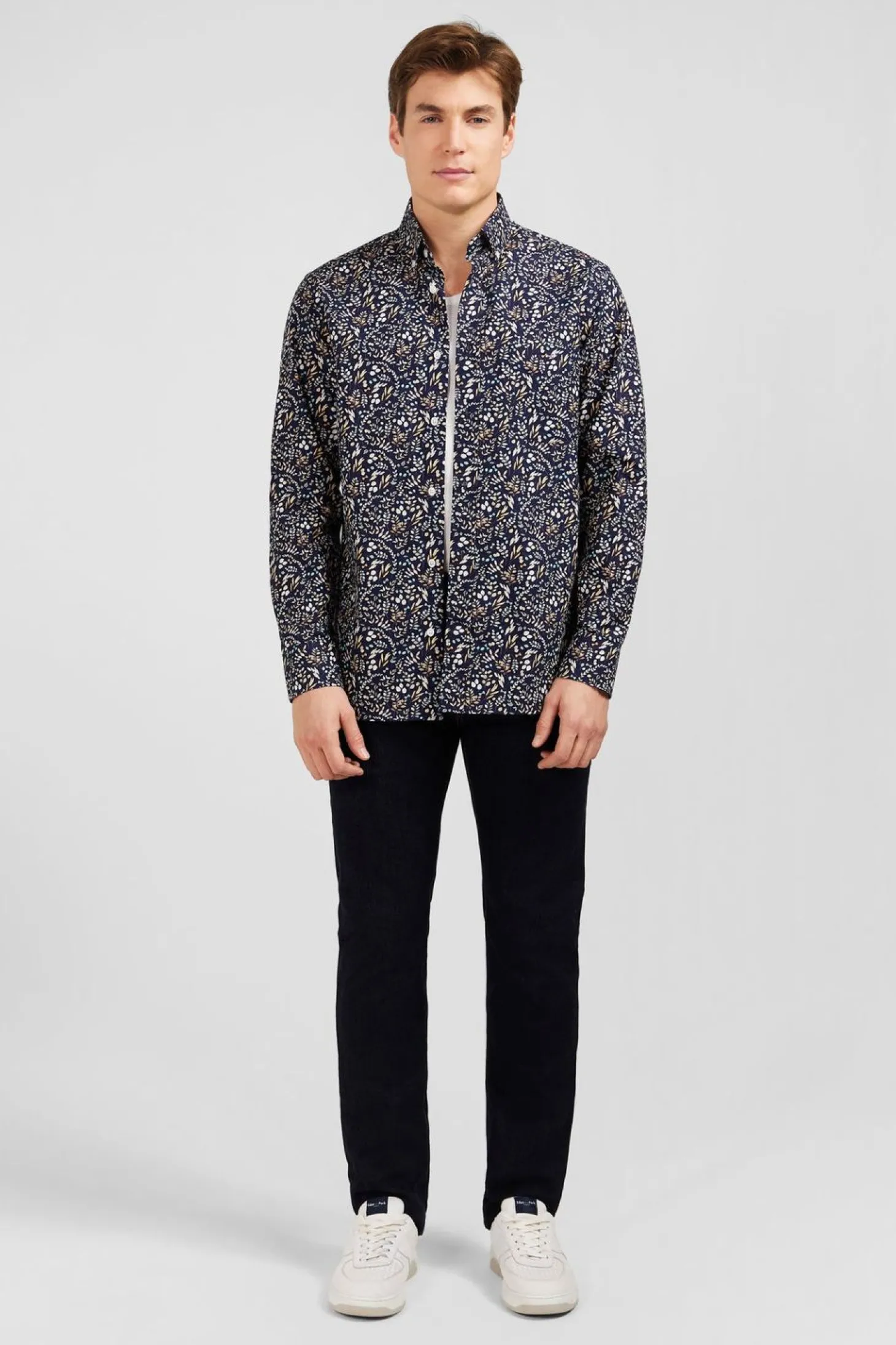 Chemise En Popeline Bleu Fonce Imprimee Feuillage