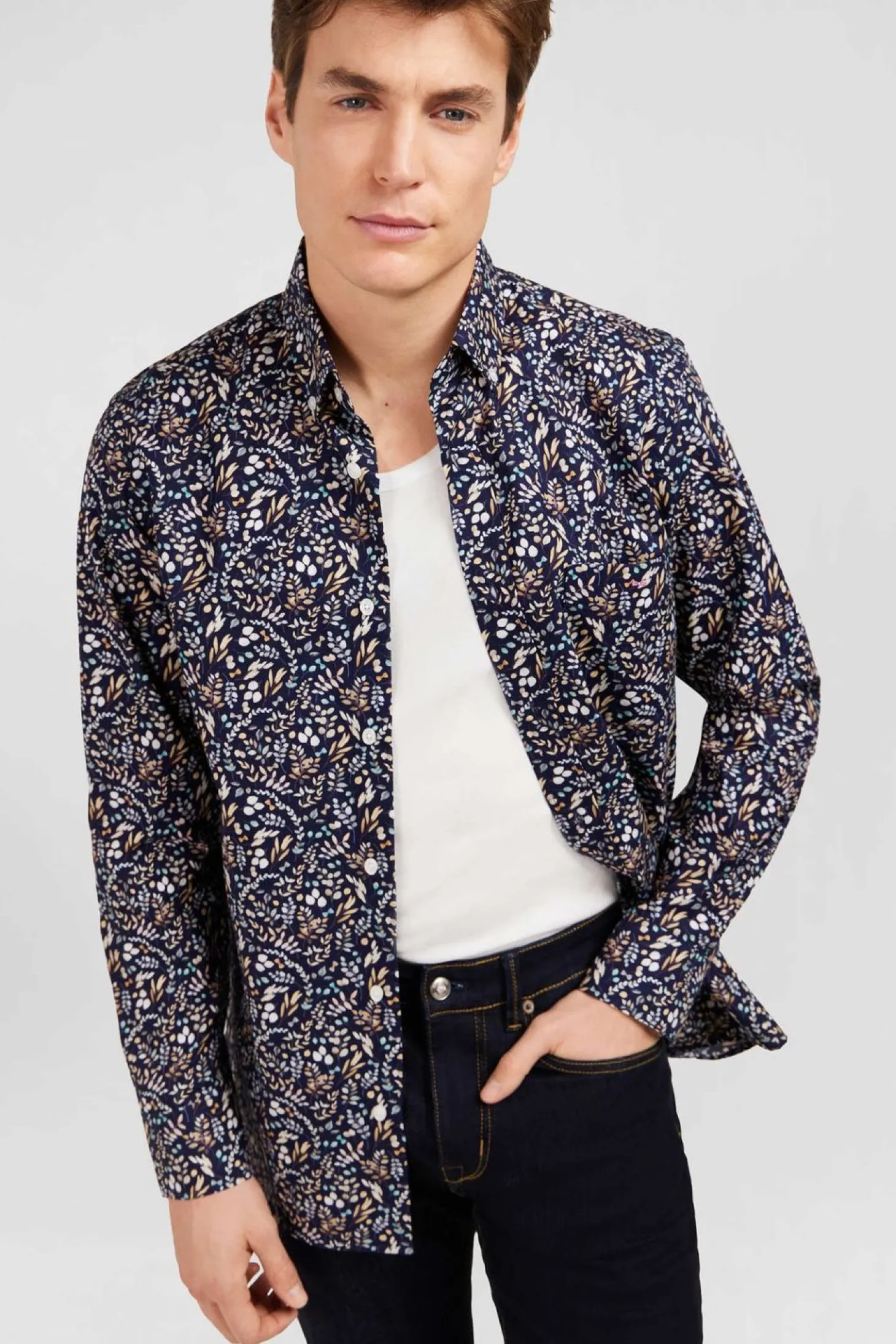 Chemise En Popeline Bleu Fonce Imprimee Feuillage