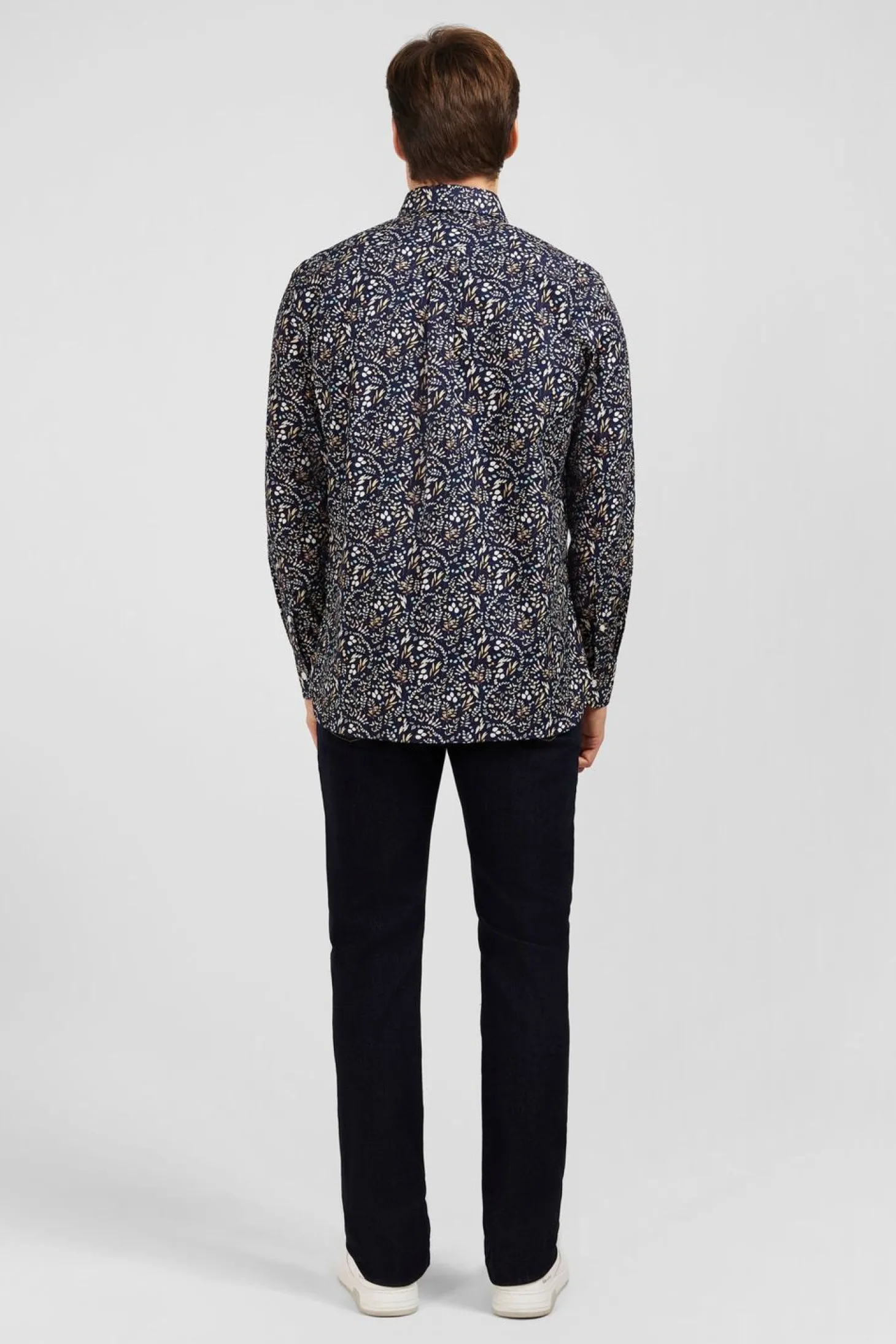 Chemise En Popeline Bleu Fonce Imprimee Feuillage