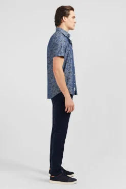 Chemisette En Denim A Motif Fleurs Et Feuilles