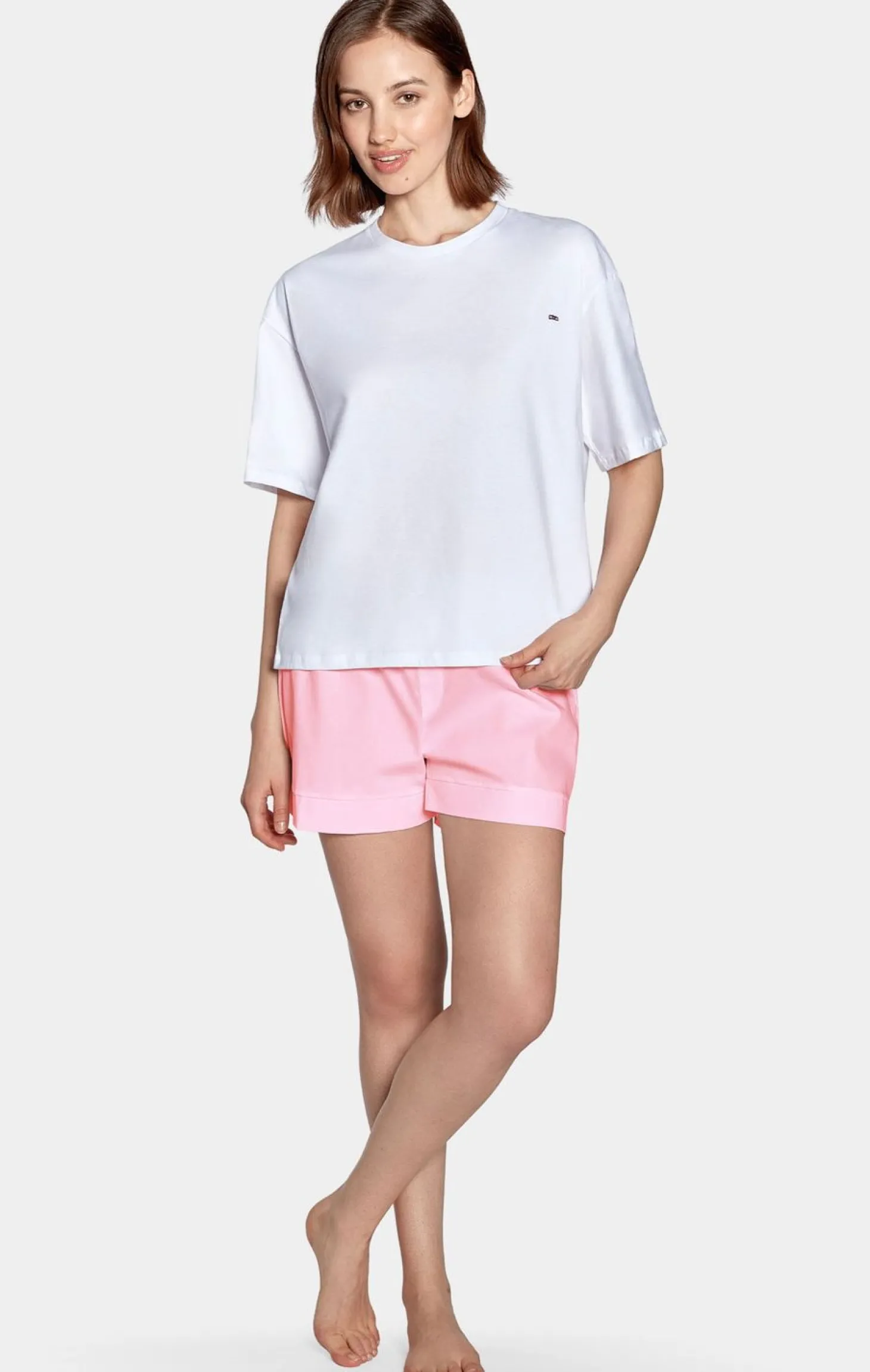 Ensemble Pyjama Court Rose Et Blanc En Jersey Coton
