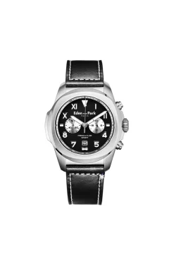 Montre A Quartz Chronographe En Cuir Noir