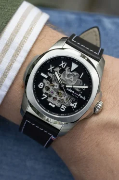 Montre Automatique Skeleton En Cuir Noir