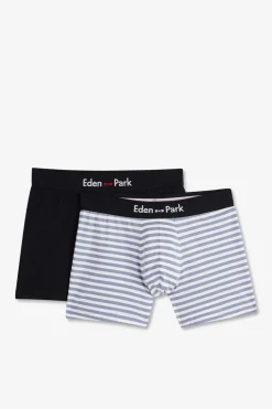 Pack De 2 Boxers Blanc Rayures Bleu Ciel Et Uni Bleu Fonce