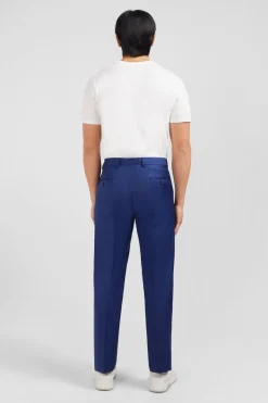 Pantalon Regular Bleu En Laine A Plis Casses