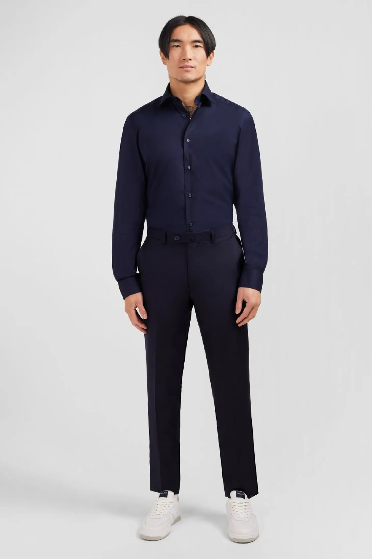 Pantalon Regular Bleu Fonce En Laine A Plis Casses