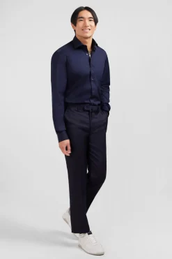Pantalon Regular Bleu Fonce En Laine A Plis Casses