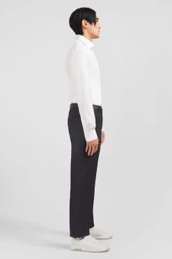 Pantalon Regular Gris En Laine A Plis Casses