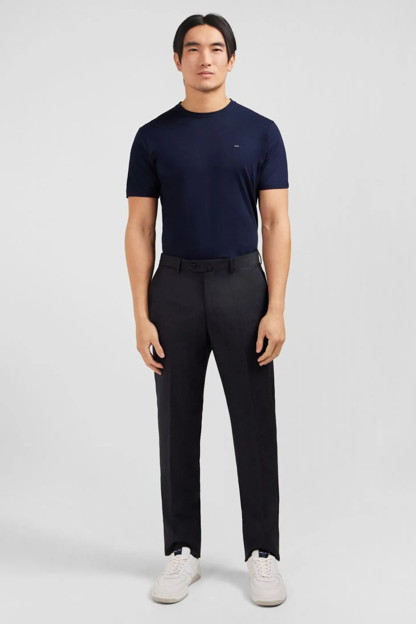 Pantalon Regular Gris Fonce En Laine A Plis Casses