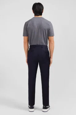 Pantalon Slim Bleu Fonce En Laine A Plis Casses