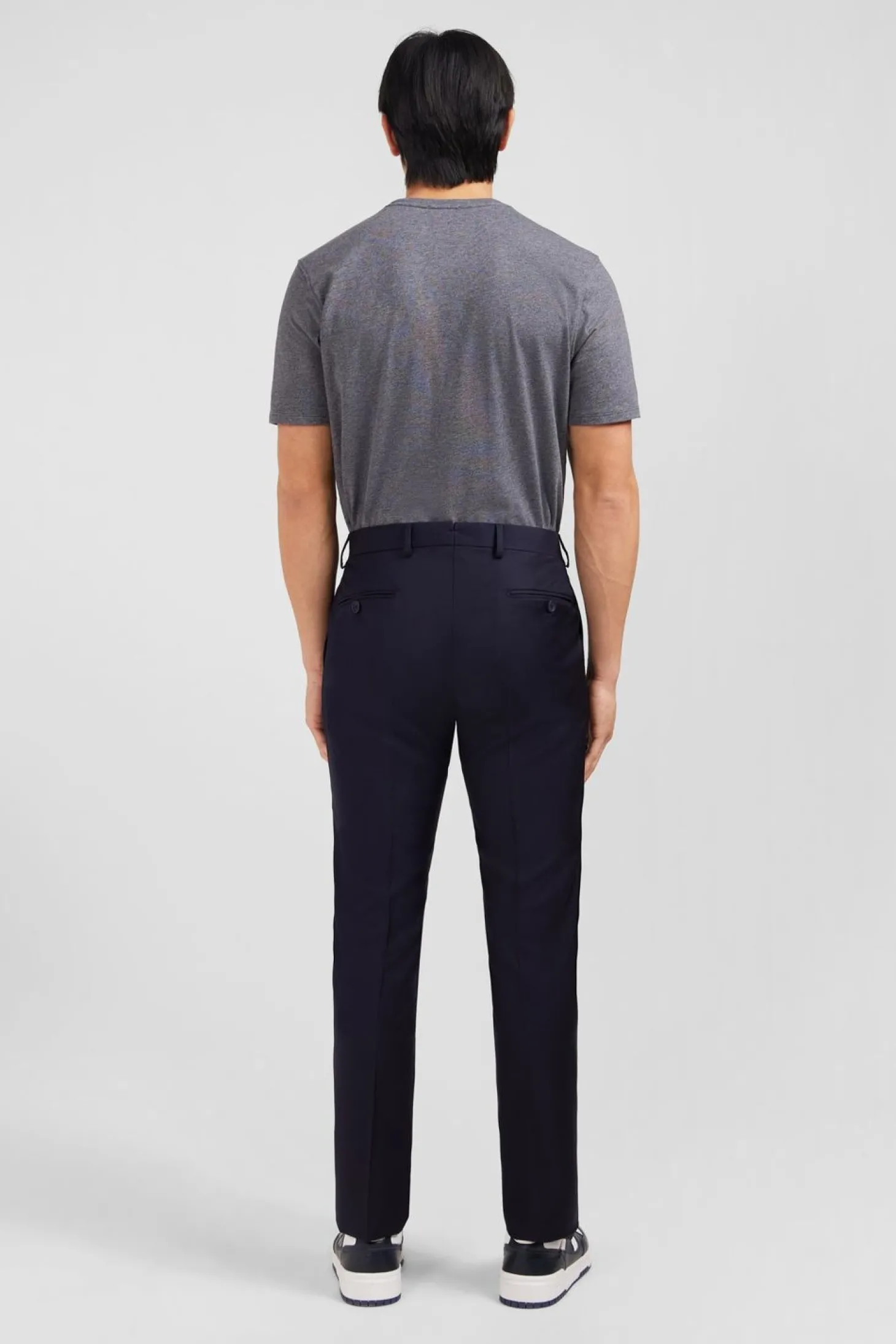Pantalon Slim Bleu Fonce En Laine A Plis Casses