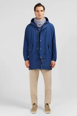Parka A Capuche En Toile De Coton Melange Bleu