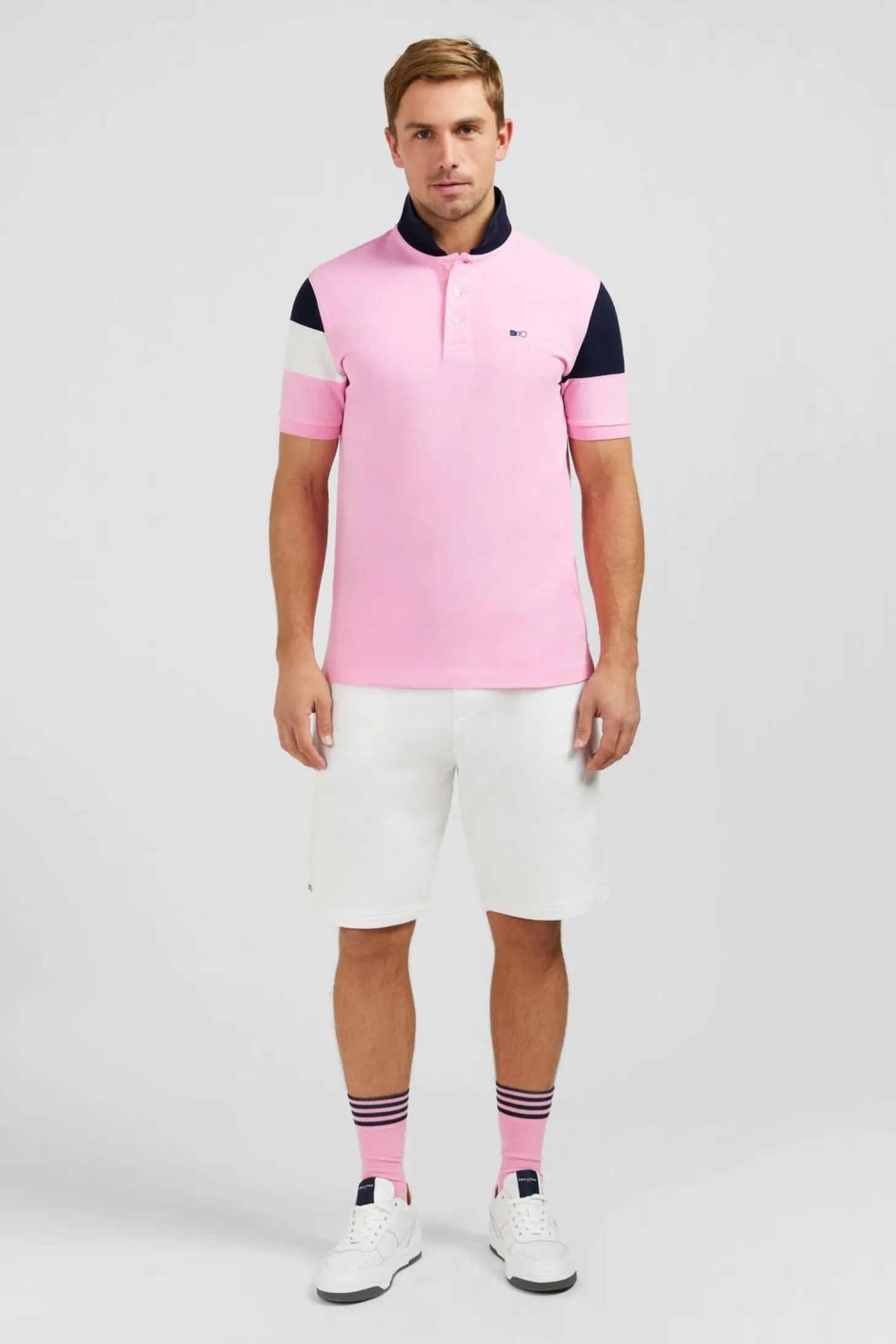 Polo Manches Courtes Rose Tricolore En Pique Coton Details Noeuds