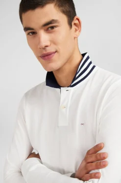 Polo Manches Longues Blanc En Coton Avec Col Contraste