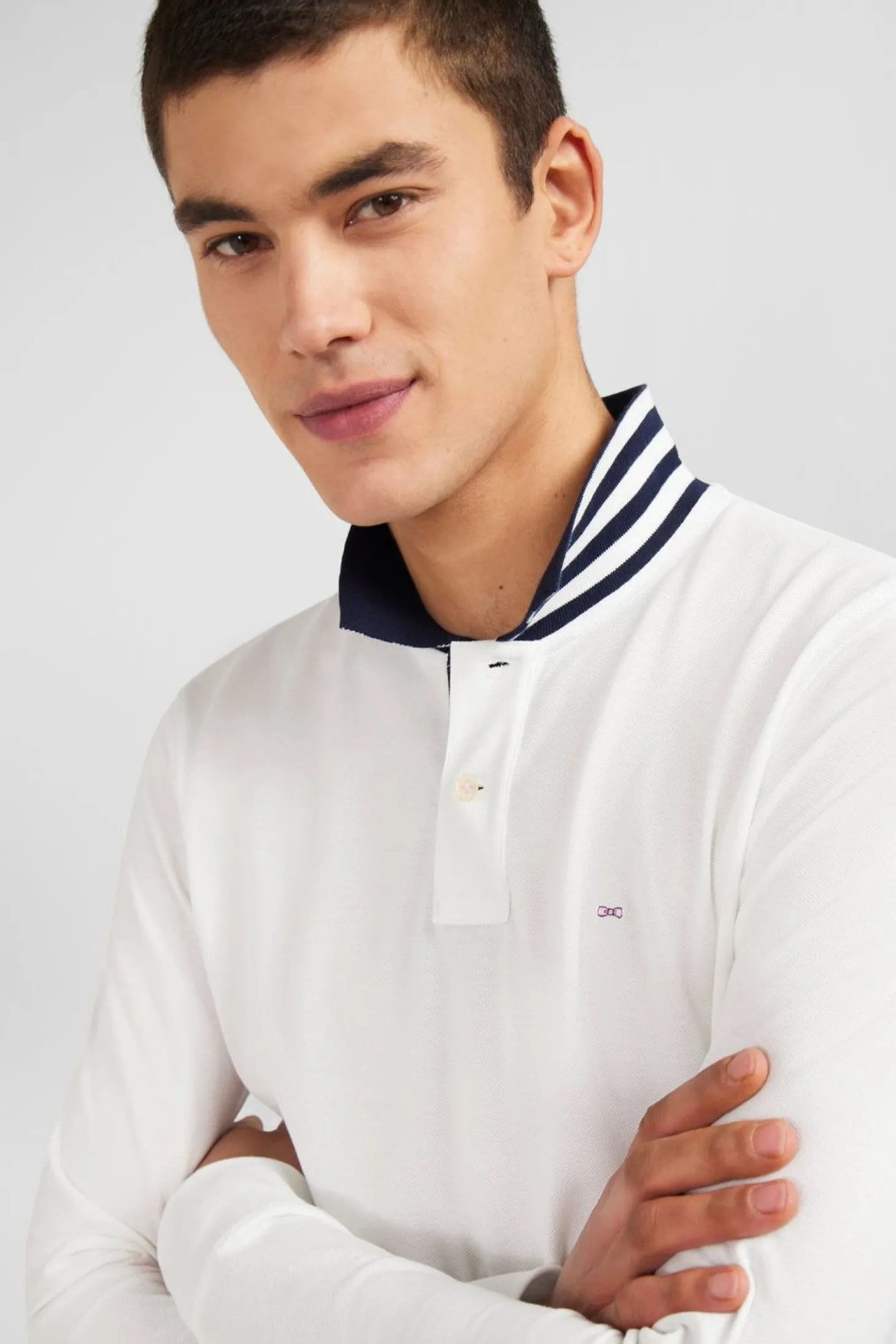 Polo Manches Longues Blanc En Coton Avec Col Contraste