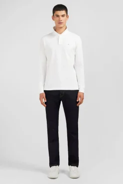 Polo Manches Longues Blanc Uni En Pique De Coton Stretch
