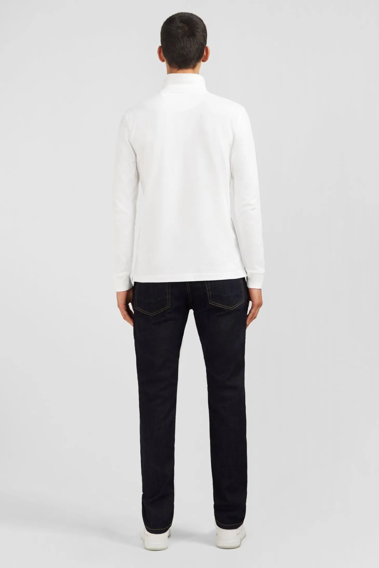 Polo Manches Longues Blanc Uni En Pique De Coton Stretch