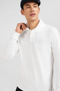 Polo Manches Longues Blanc Uni En Pique De Coton Stretch