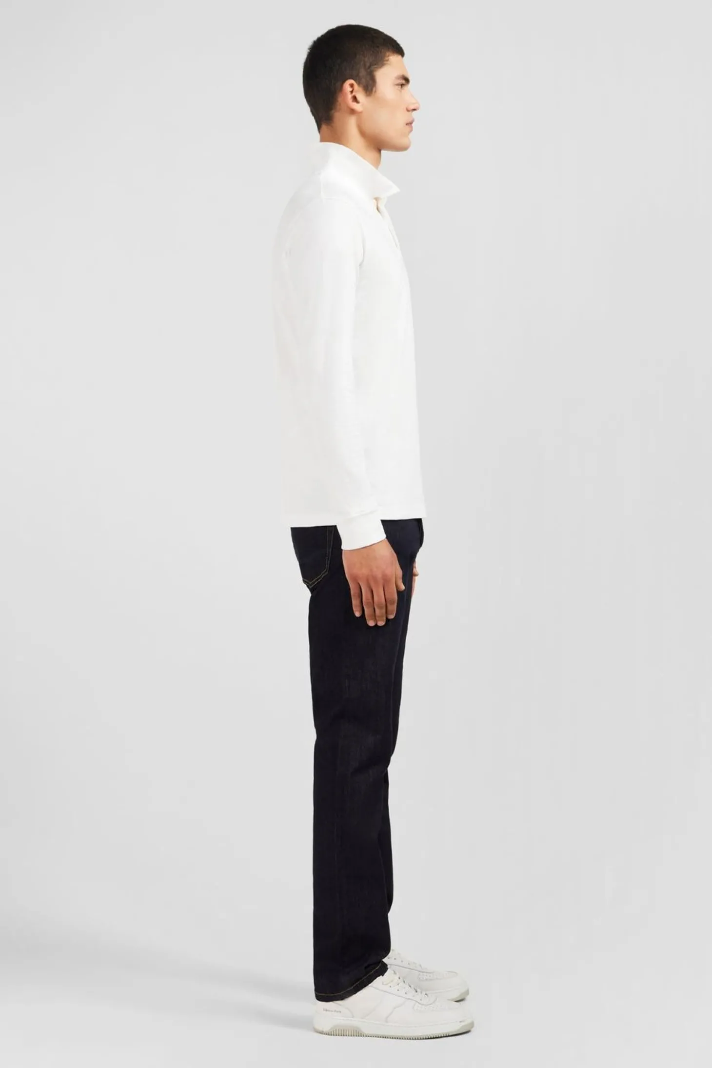 Polo Manches Longues Blanc Uni En Pique De Coton Stretch