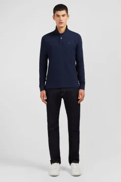 Polo Manches Longues Bleu Marine Uni En Pique De Coton Stretch
