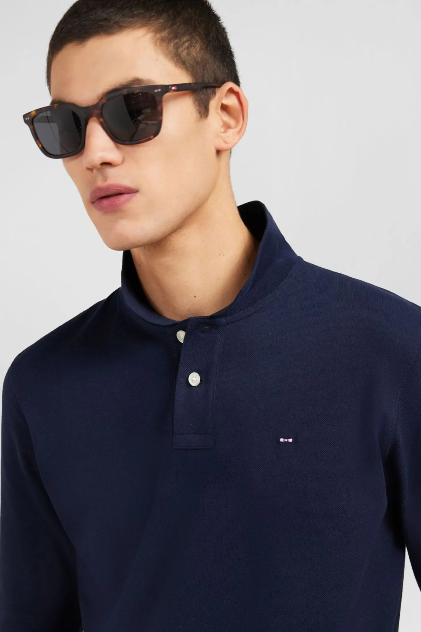 Polo Manches Longues Bleu Marine Uni En Pique De Coton Stretch