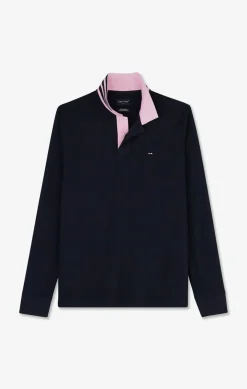 Polo Manches Longues Bleu Marine En Coton Avec Col Contraste