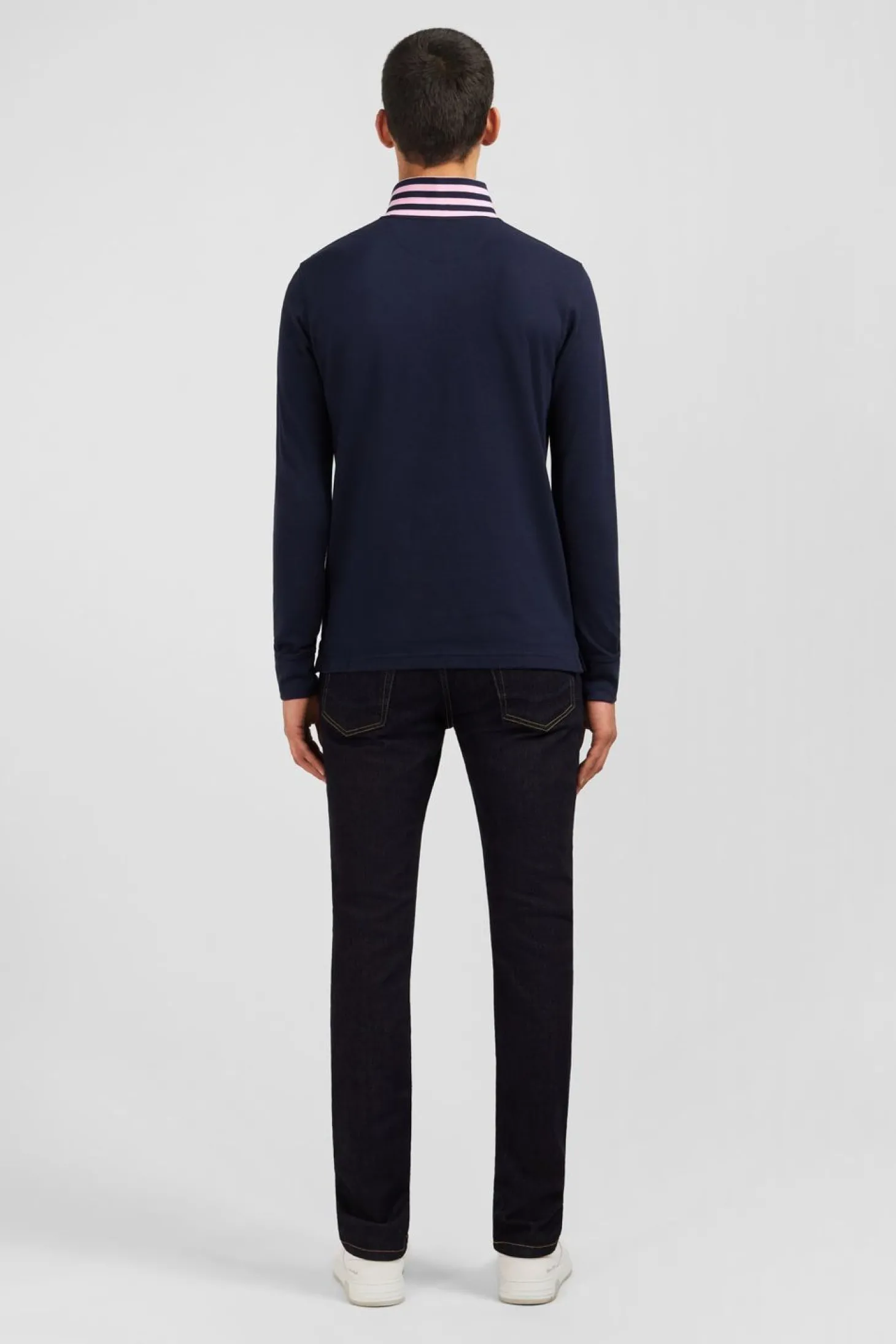Polo Manches Longues Bleu Marine En Coton Avec Col Contraste