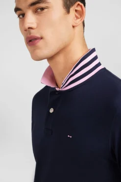 Polo Manches Longues Bleu Marine En Coton Avec Col Contraste