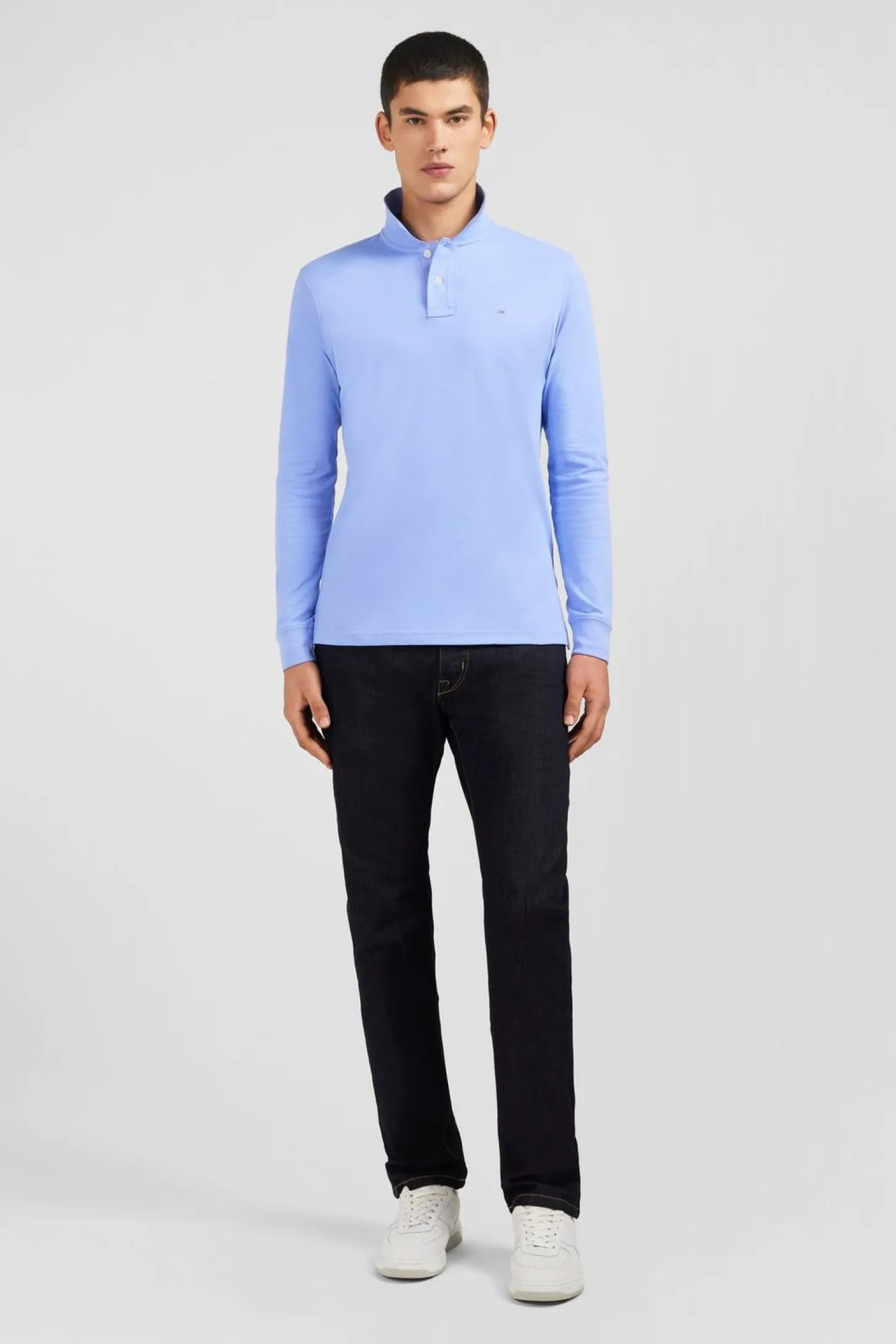 Polo Manches Longues Bleu Uni En Pique De Coton Stretch