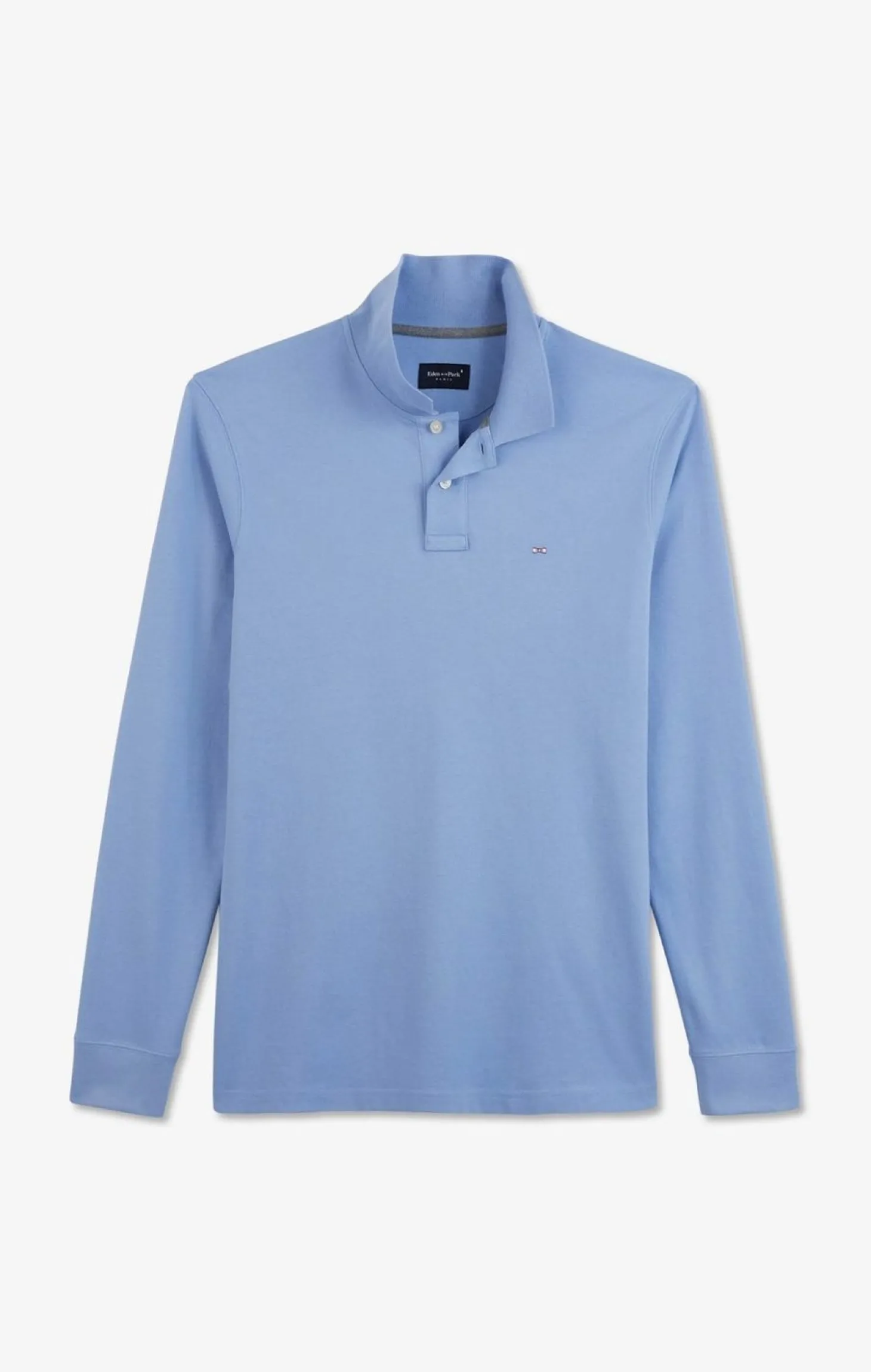 Polo Manches Longues Bleu Uni En Pique De Coton Stretch