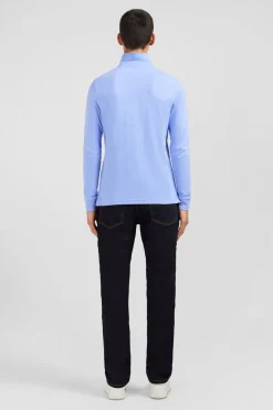 Polo Manches Longues Bleu Uni En Pique De Coton Stretch