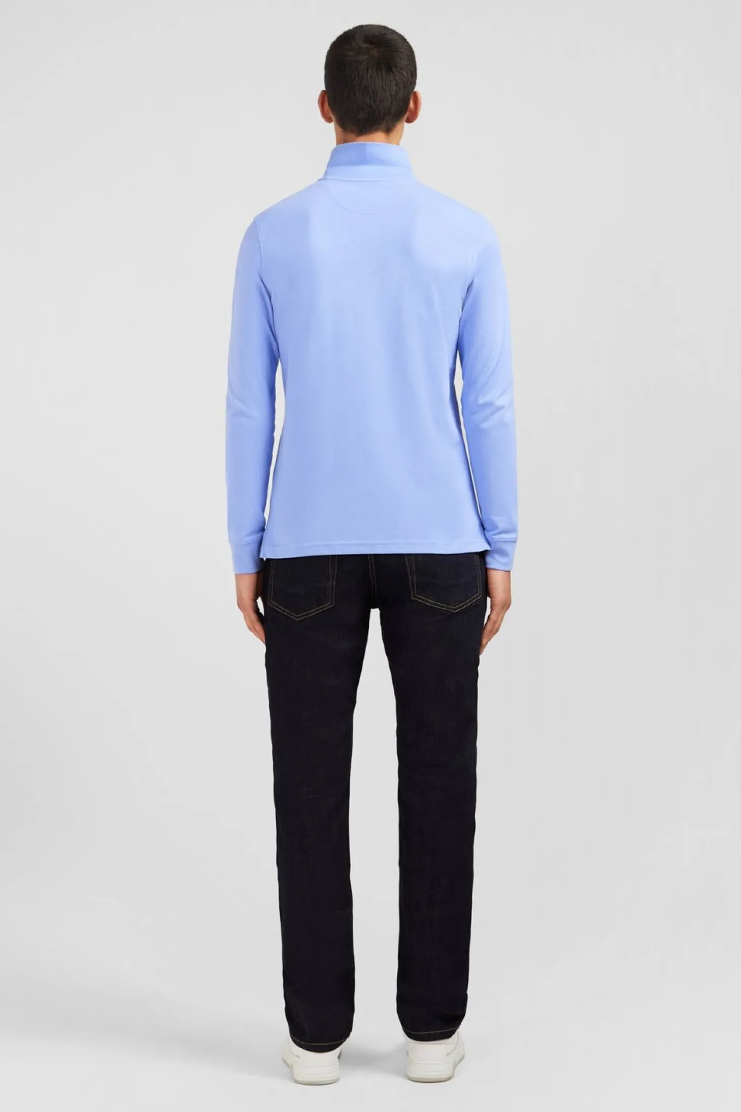 Polo Manches Longues Bleu Uni En Pique De Coton Stretch