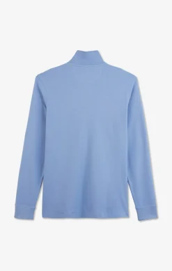Polo Manches Longues Bleu Uni En Pique De Coton Stretch