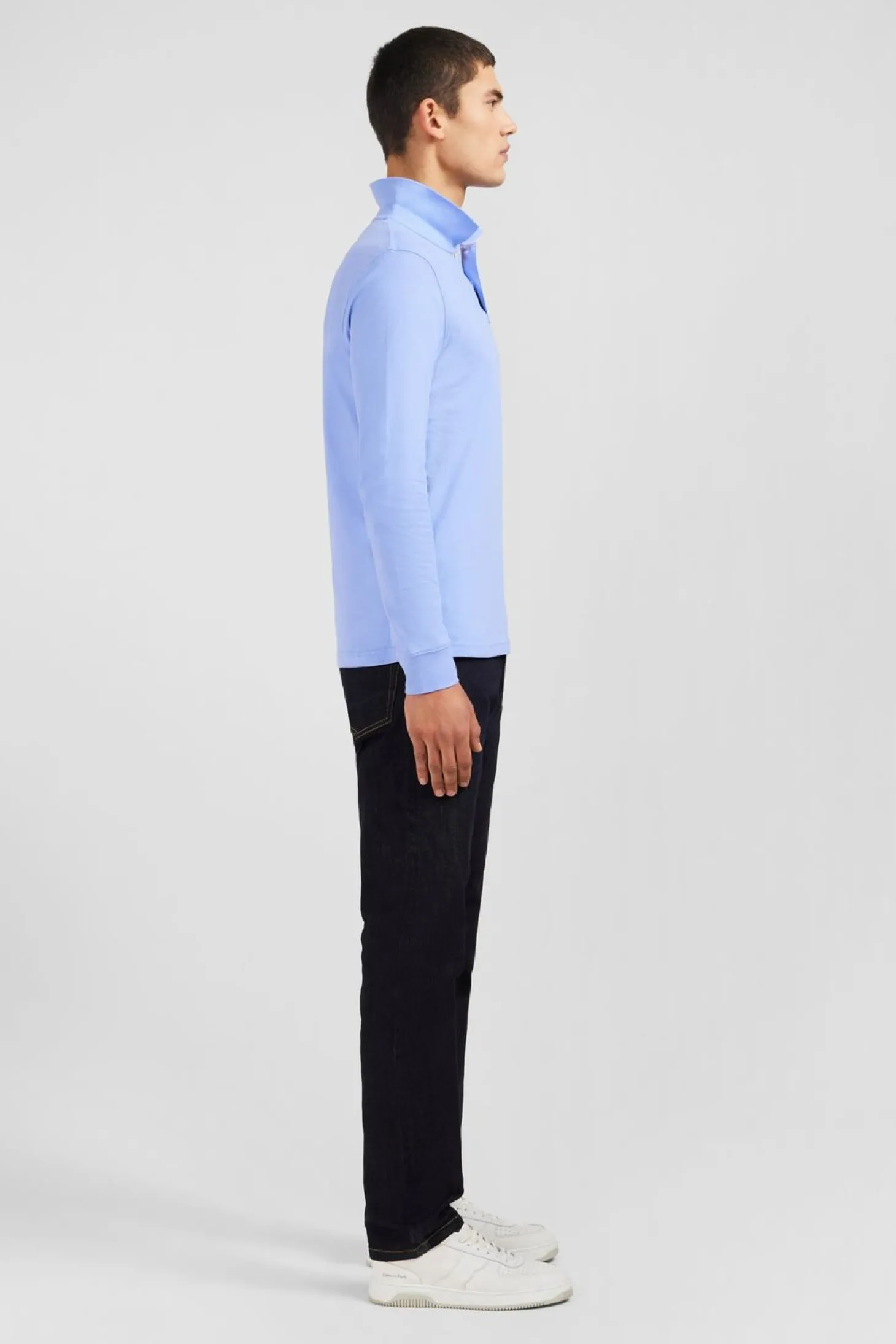 Polo Manches Longues Bleu Uni En Pique De Coton Stretch