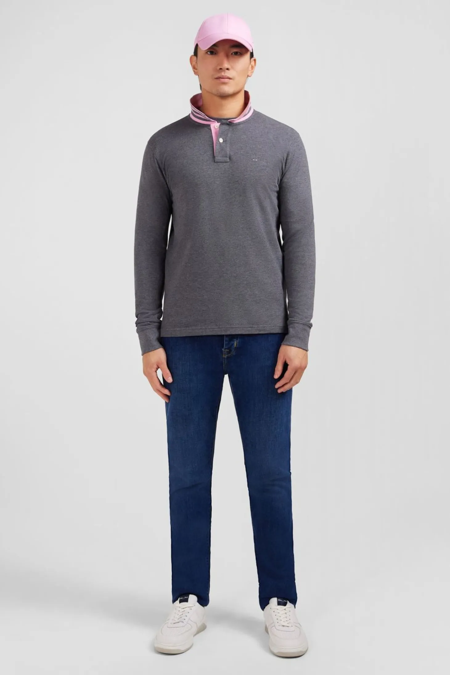 Polo Manches Longues Gris En Coton Avec Col Contraste