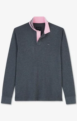 Polo Manches Longues Gris En Coton Avec Col Contraste