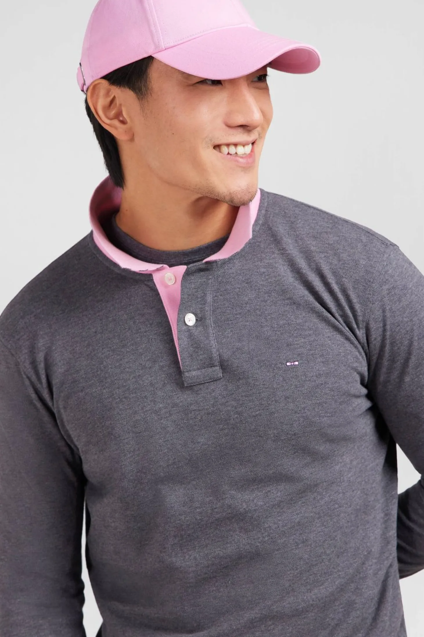 Polo Manches Longues Gris En Coton Avec Col Contraste