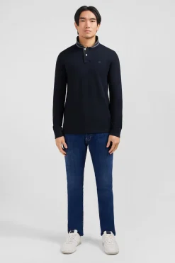 Polo Manches Longues Noir En Coton Avec Col Contraste