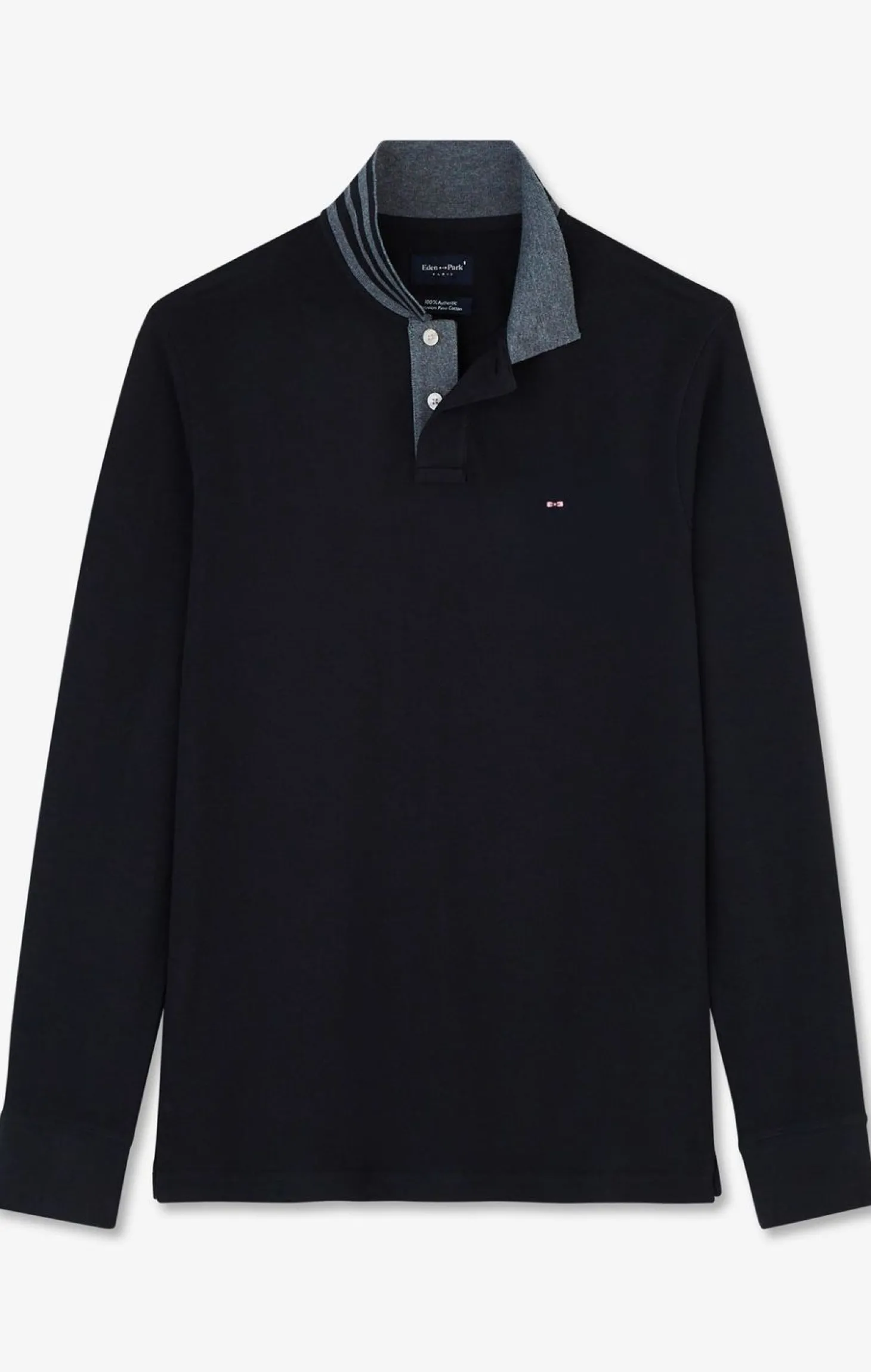 Polo Manches Longues Noir En Coton Avec Col Contraste