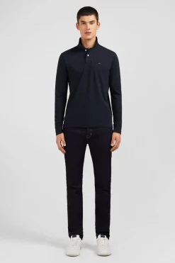 Polo Manches Longues Noir Uni En Pique De Coton Stretch