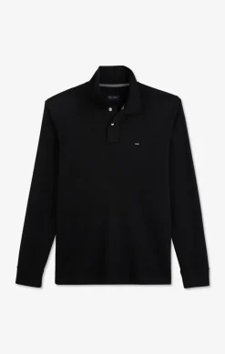 Polo Manches Longues Noir Uni En Pique De Coton Stretch